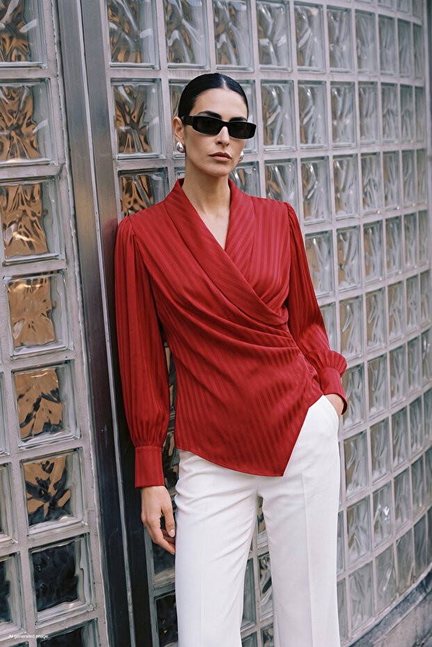 Stripe Patterned Double Breasted Blouse - Red