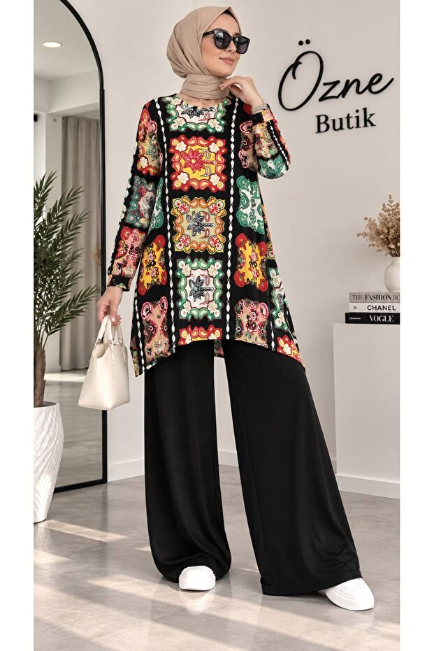 Plus Size A-Line Patterned Combed Cotton Suit with Slits