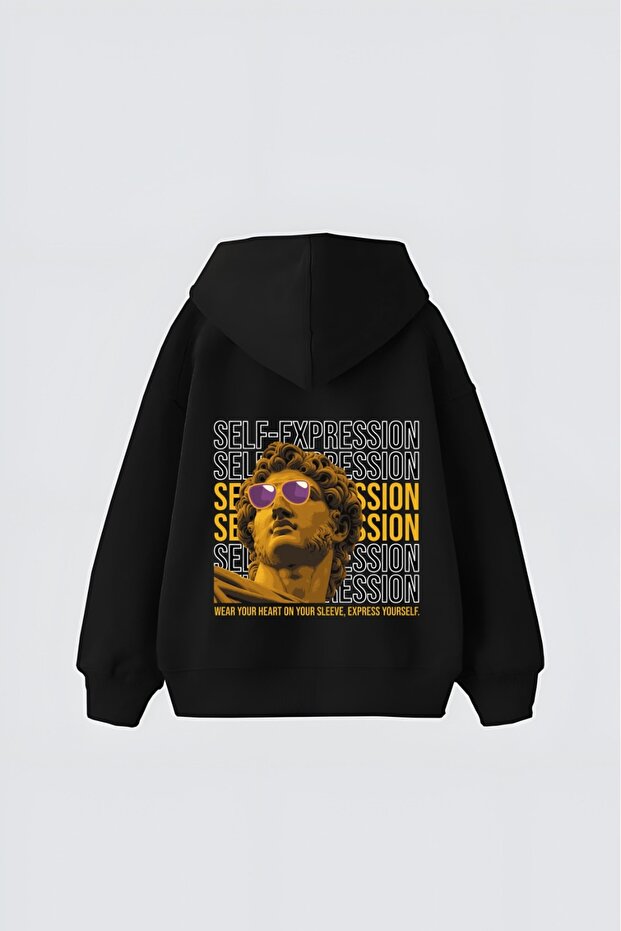 Black Unisex Self Expression Printed Hooded Oversize Patterned Fabric Sports Sweatshirt Hzlkapbas22Ssweat
