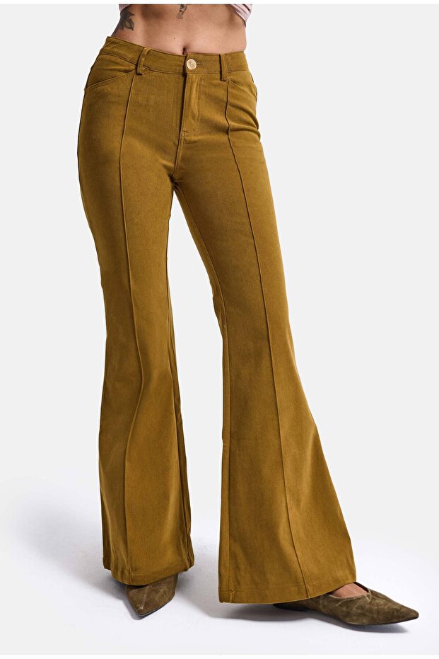 Women's Oil Green Flare Fit Smooth Textured Stretchy Velvet Fabric Trousers