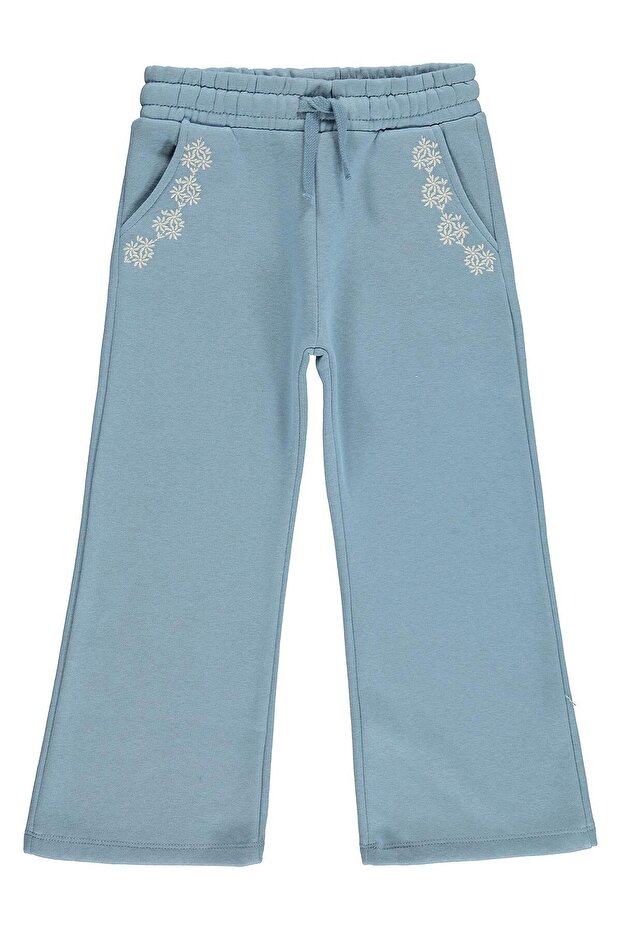 Civil Girls' Floral Embroidered Sweatpants | 3 Thread Embroidery | School Nursery and Daily Use - Blue