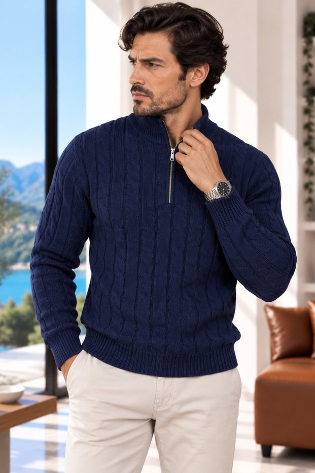 Half Zipper Detailed Sports Knitwear Men's Sweater