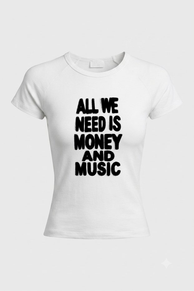 Women's White Printed Fitted Baby Tee Short Sleeve Cotton Slim Fit T-Shirt