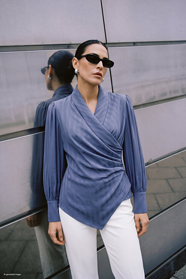 Stripe Patterned Double Breasted Blouse - Indigo