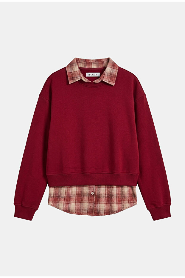 Women's Burgundy W6-35 Oversize Plaid Shirt Detailed Design Sweatshirt