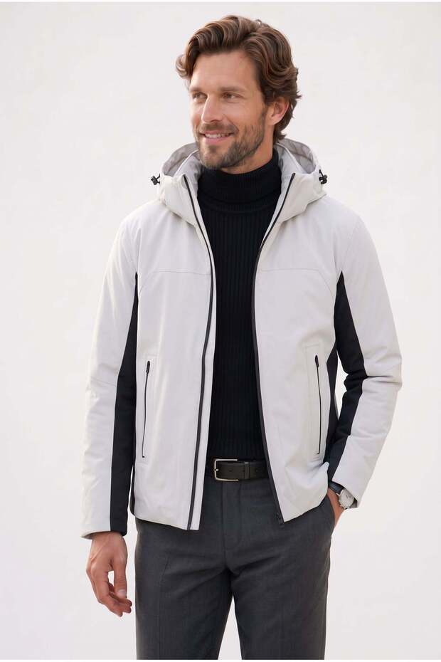 Men's Relax Fit Classic Cut Adjustable Hooded Zippered Color Block Pocketed Ecru Puffer Jacket