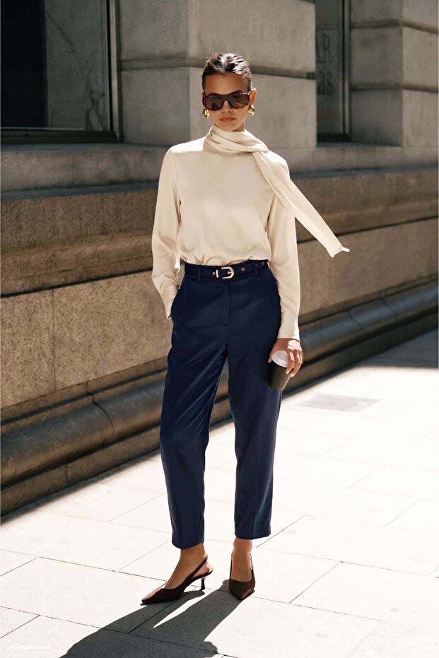 Satin Classic Trousers with Belt Detail - Navy Blue