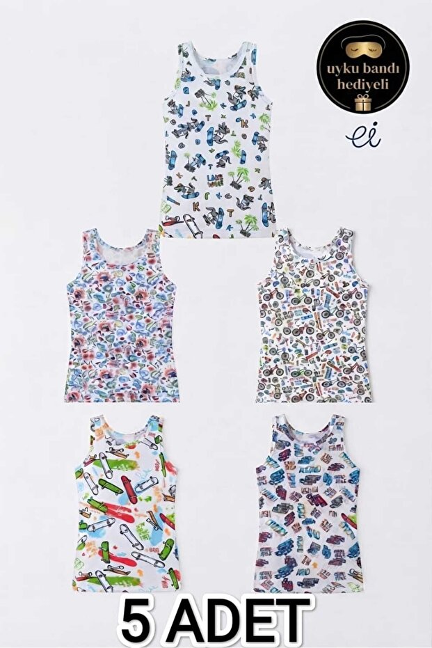 Pack of 5 Boys' Undershirts - Cotton & Lycra Mixed Patterns - with Sleep Band as a Gift