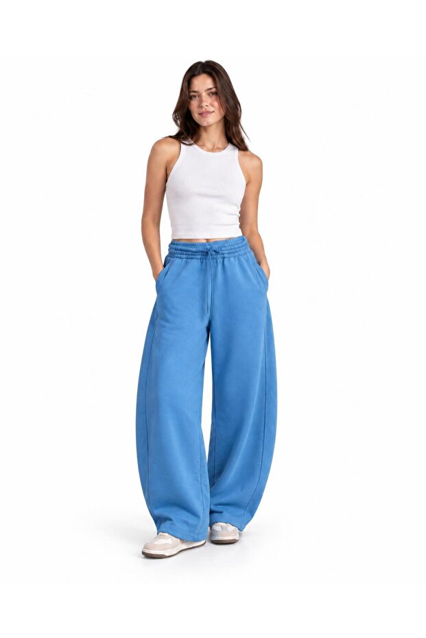 Women's Blue Stitching Detailed Three-Thread Baggy Sweatpants