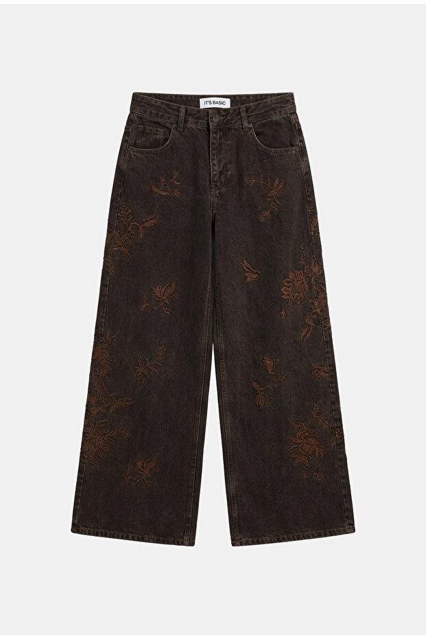 Women's Brown 3W6-156 Palazzo Fit Special Pattern Embroidery Detailed Design Denim Jean