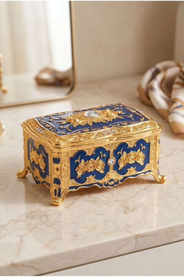 Navy Blue Gold Embroidered Rose Patterned Footed Jewelry Box Small Size
