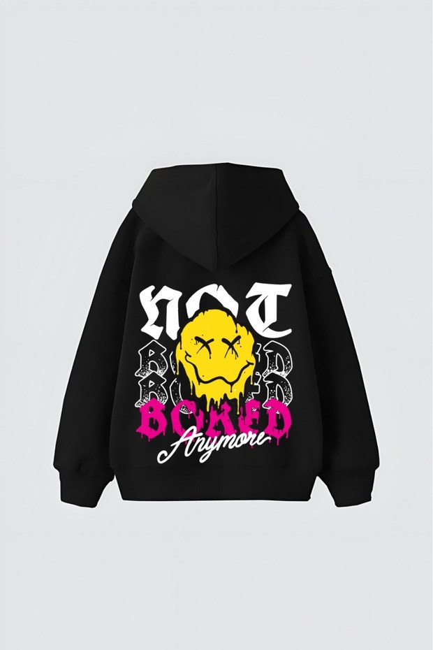 Black Unisex Drip Smiley Printed Hooded Oversize Patterned Fabric Sports Sweatshirt Hzlkapbas24Ssweat
