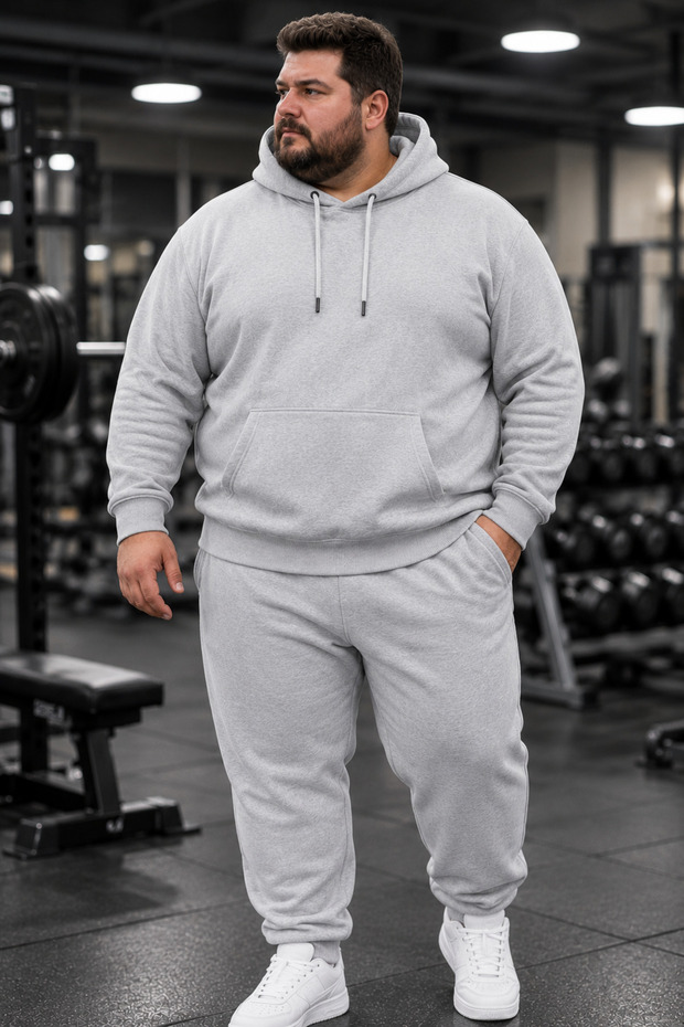 Plus Size Gray Hooded Tracksuit Set Plain