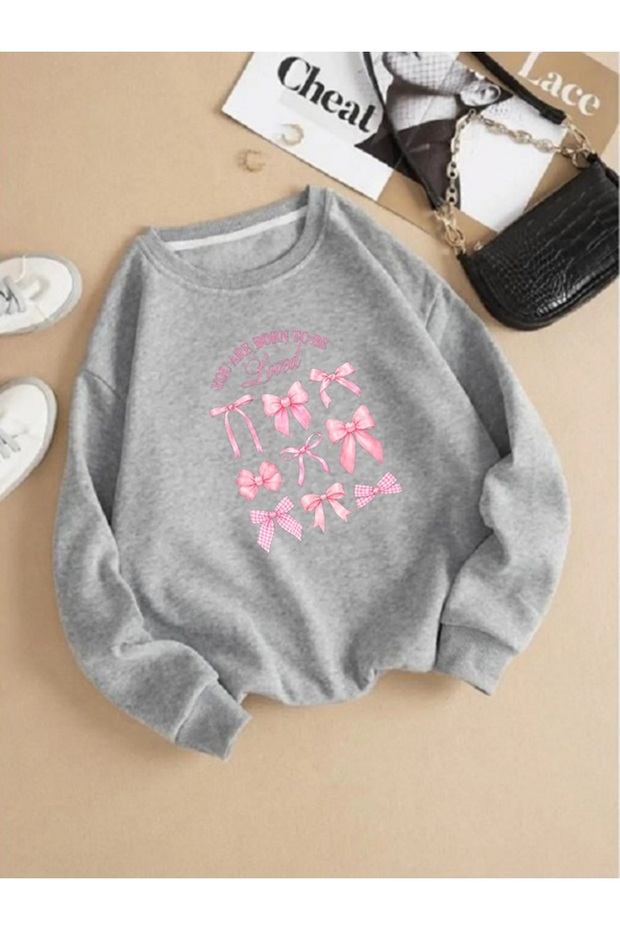 Genis Kesim Women's Oversize Thick Winter Sweatshirt Love Bow Printed Long Sleeve Crew Neck