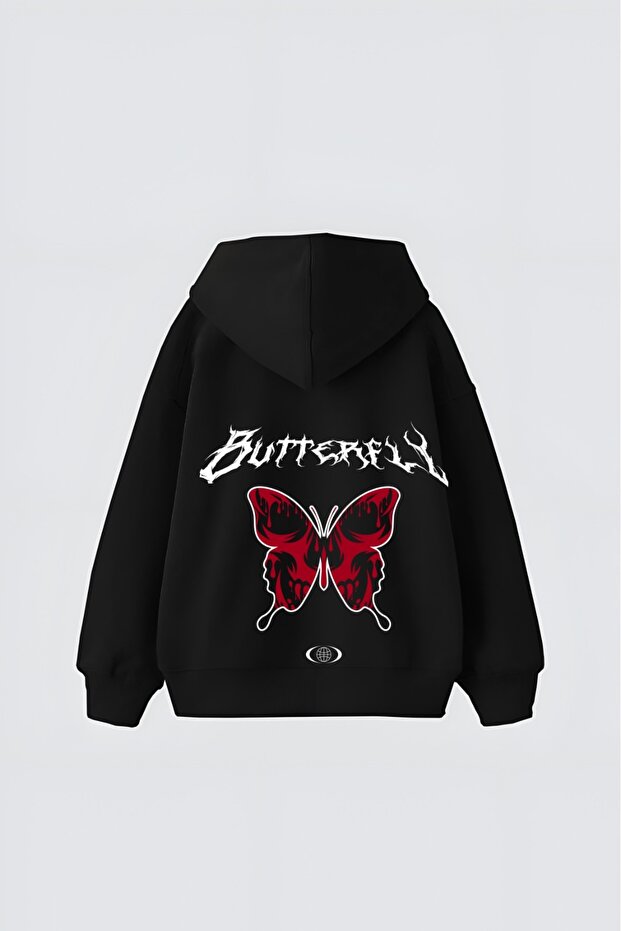 Black Unisex Dark Butterfly Printed Hooded Oversize Patterned Fabric Sports Sweatshirt Hzlkapbas24Ssweat