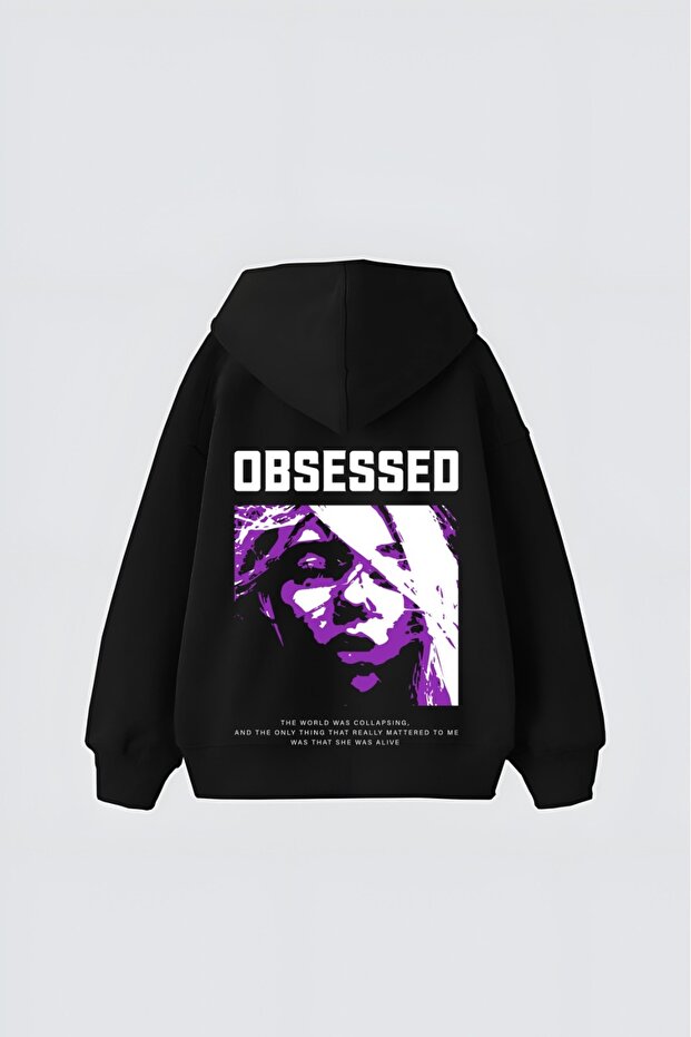 Black Unisex Obsessed Printed Hooded Oversize Patterned Fabric Sports Sweatshirt Hzlkapbas23Ssweat