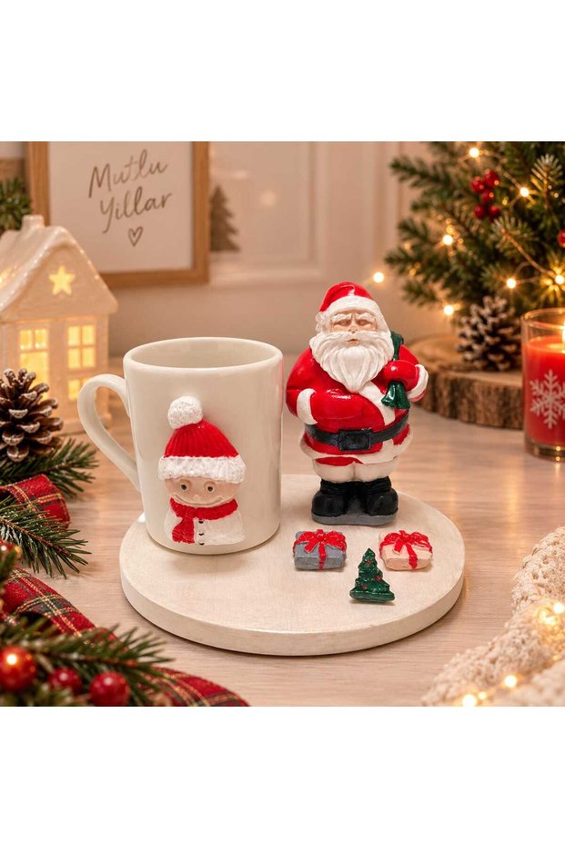 Christmas Themed Coffee Set with Snowman Figure - Presentation Set with Santa Claus Figurine and Round Tray