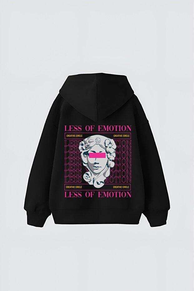 Black Unisex Less of Emotion Printed Hooded Oversize Patterned Fabric Sports Sweatshirt Hzlkapbas24Ssweat