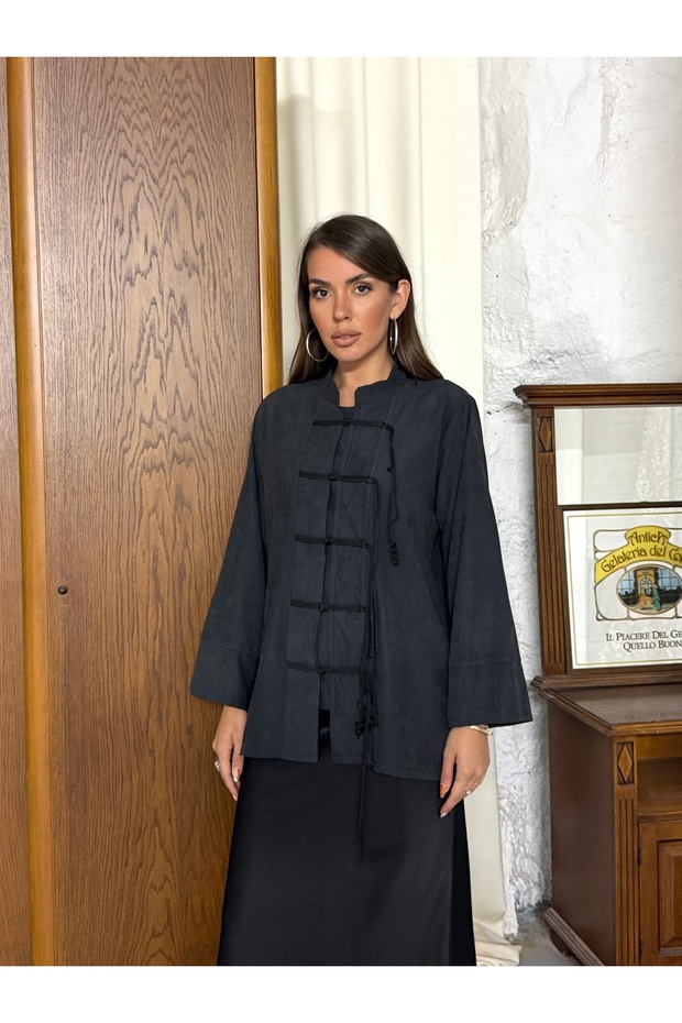 Suede Flowy Shirt with Birit Tie Front 0168 - Black