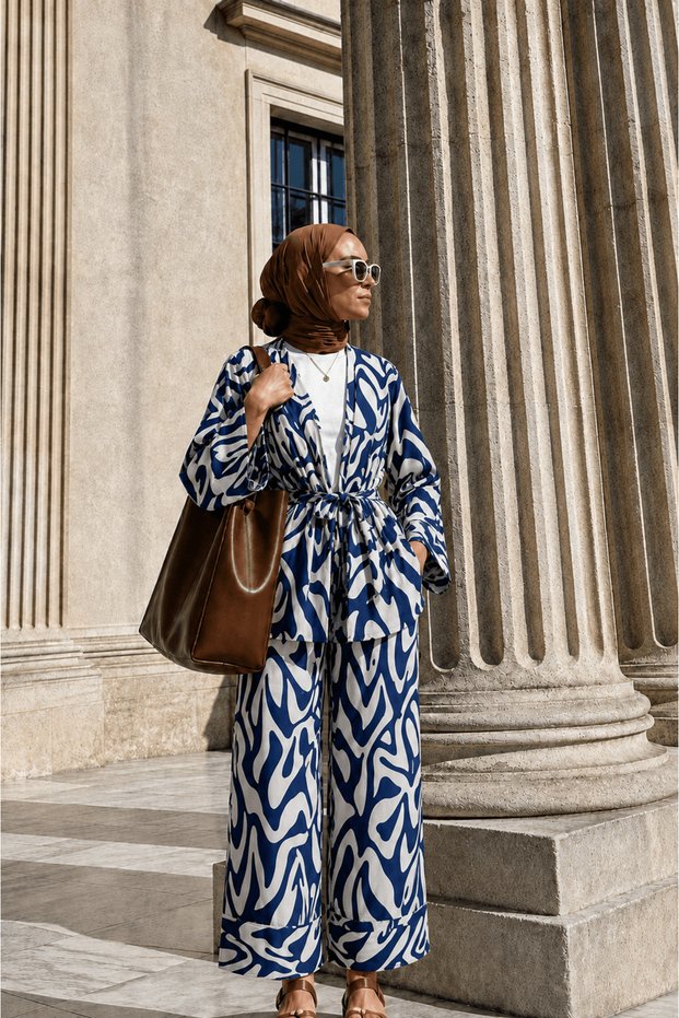 Zebra Pattern Kimono Set with Pants - Ecru & Navy Blue