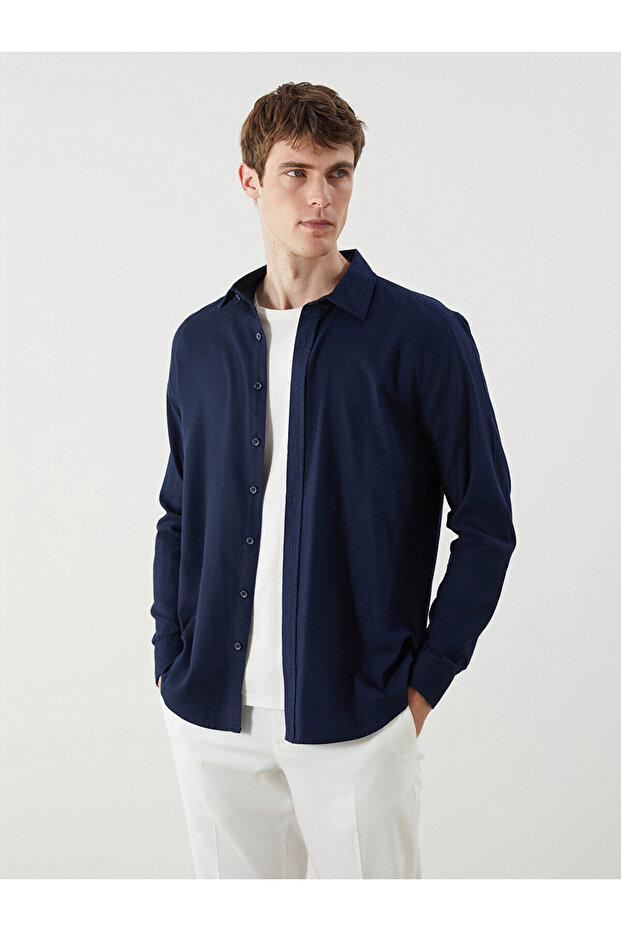 Navy Blue Slim Fit Long Sleeve Gabardine Men's Shirt