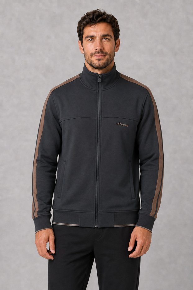 Men's Black Stand Collar Zippered Sweatshirt with Brown Stripe Detail
