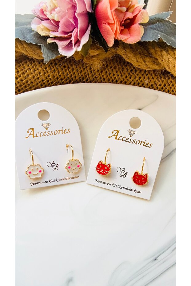 Cat and cloud children's earring set, 2-piece cat and cloud design children's earrings