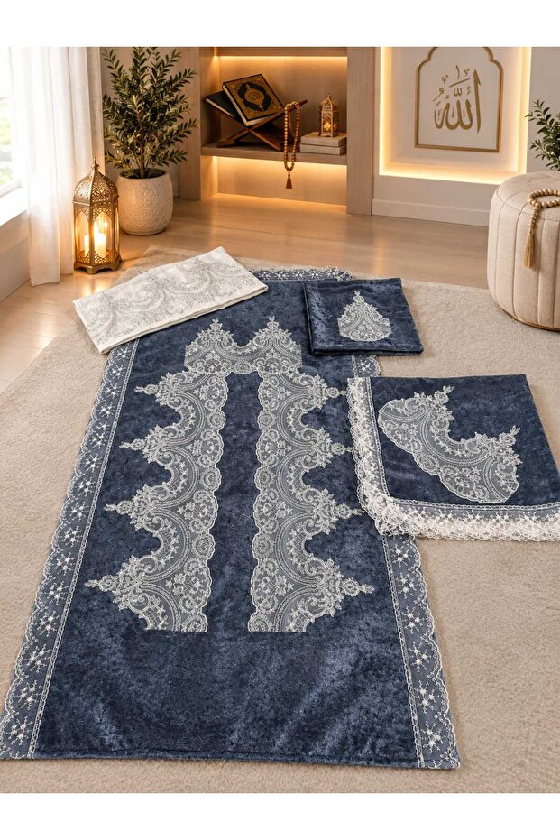 Velvet Prayer Rug Set Navy Blue 4 Piece French Laced Bundle Set