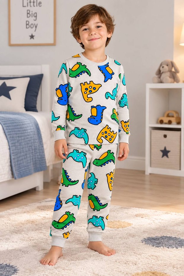 Boys' Cotton Fabric Beige Color Dinosaurs Patterned Long Sleeve Seasonal Pajama Set