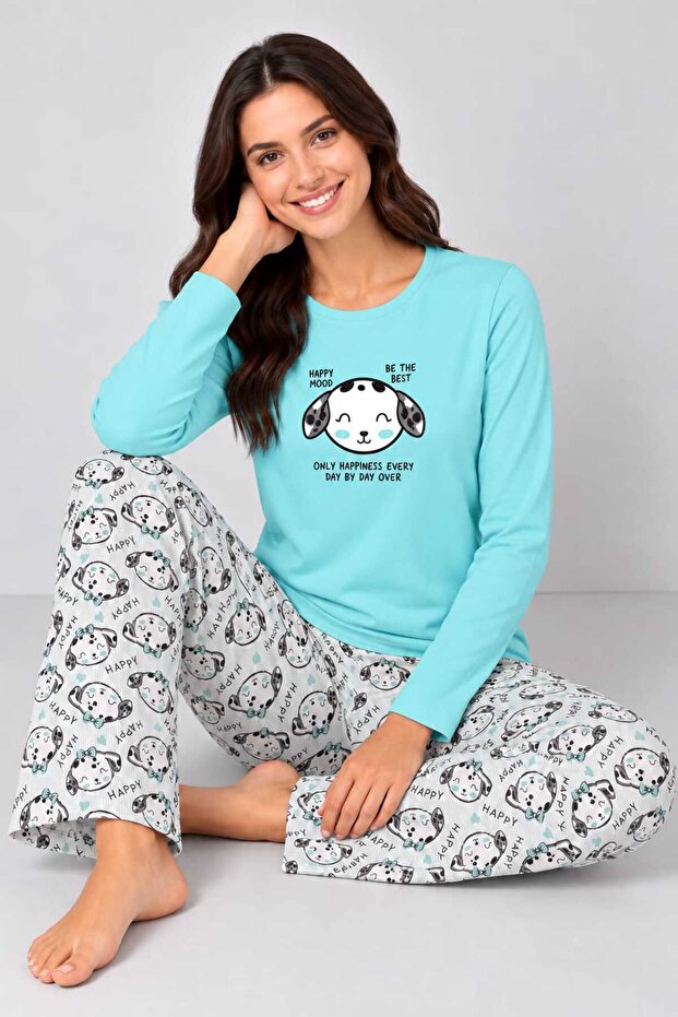 Green Dog Patterned Basic Knitted Patterned Pajama Set