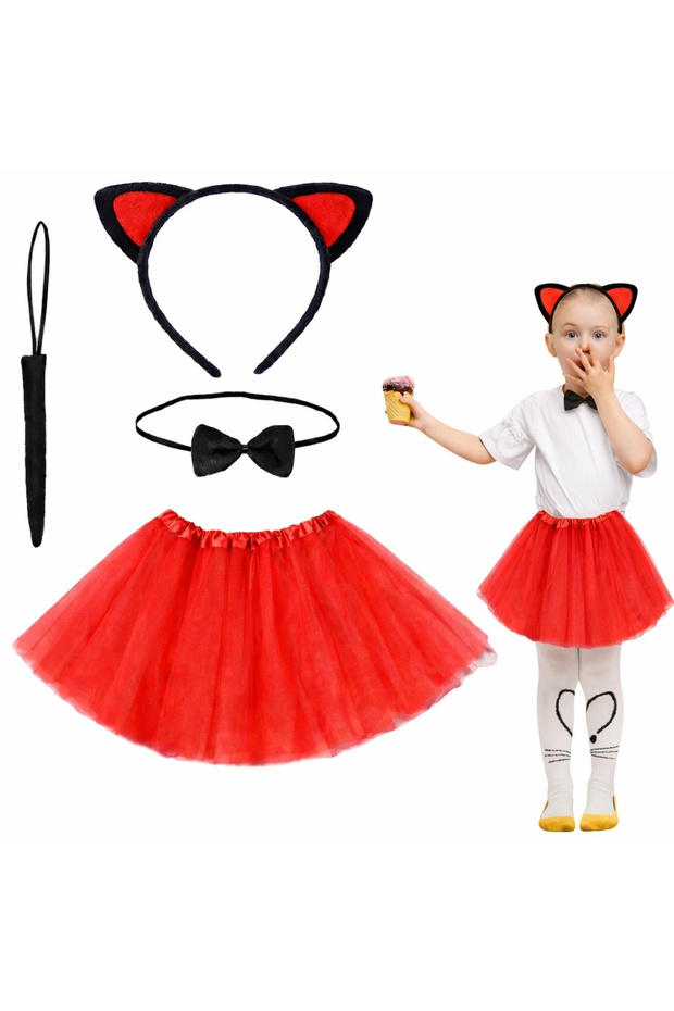 Red Color Skirted Cat Costume Set (Tutu, Crown, Bow Tie, Tail)