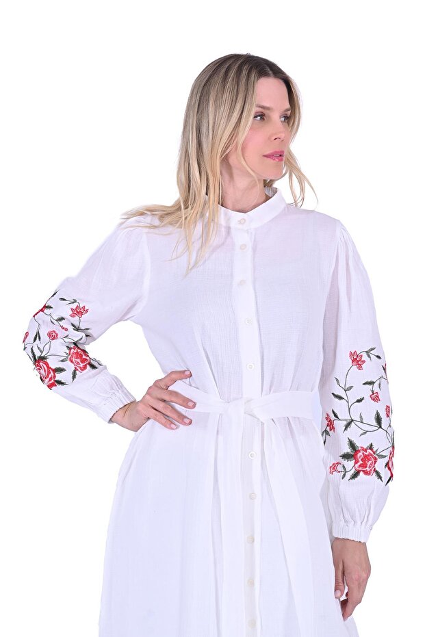 Embroidered Sleeve Dress Ecru