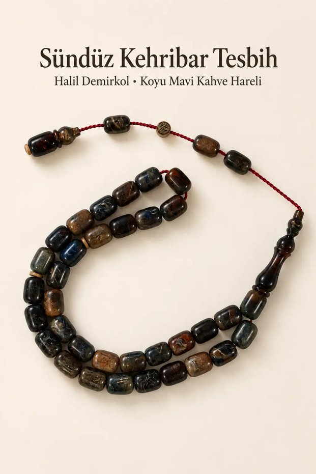 Halil Demirkol Mastercrafted Sündüz Amber Prayer Beads – Dark Blue Brown Moire