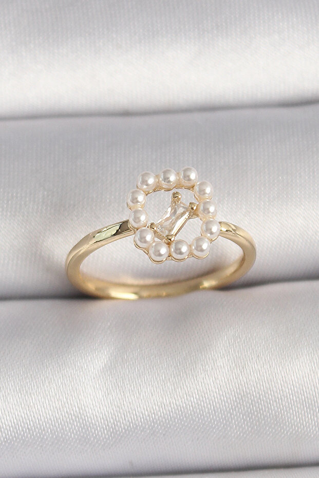 Brass Gold Color Zircon Stone Detailed Pearl Adjustable Ring Tj-Byk3541
