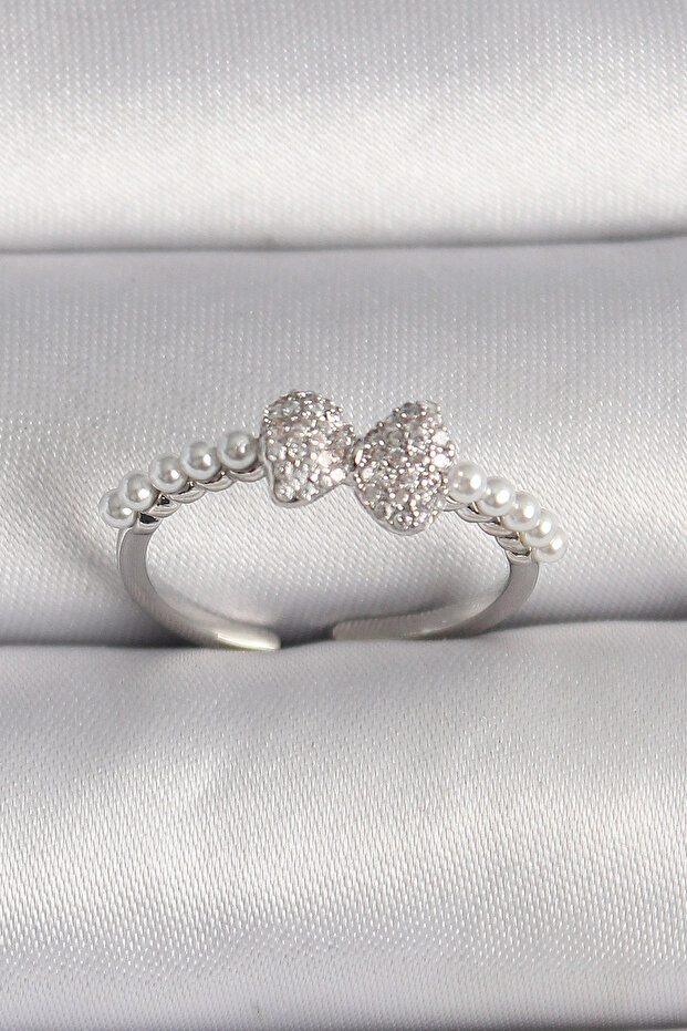 Brass Silver Color Zircon Stone Bowknot Pearl Detail Adjustable Ring Tj-Byk3526
