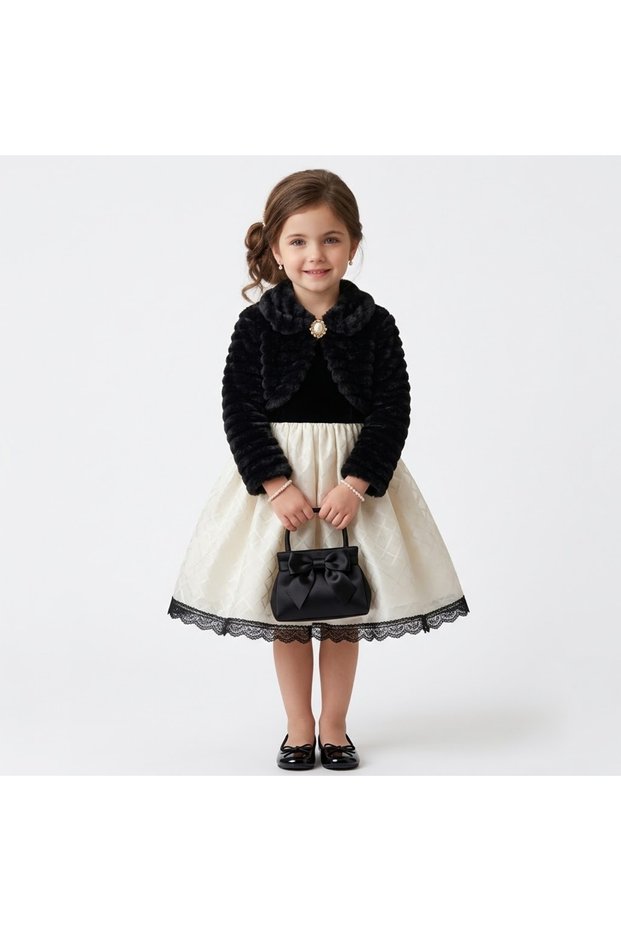 Girls' Plush Striped Bolero Jacket - Fur with Pearls for Weddings and Birthdays