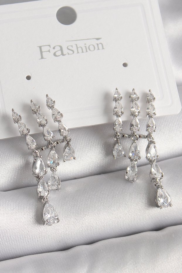 Brass Silver Color Zircon Stone Rain Model Women's Earrings Tj-Bkp9936