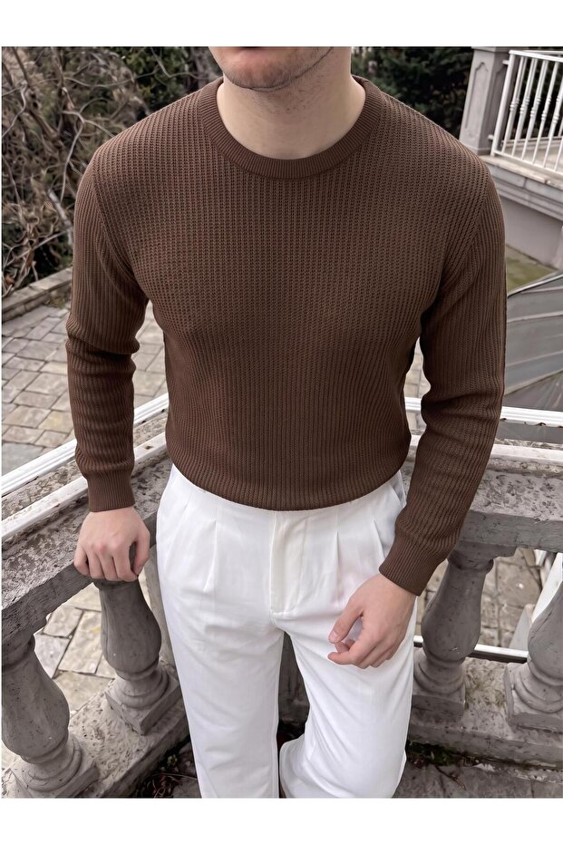 Men's Crew Neck Knitwear Self-Striped Knitwear Sweater