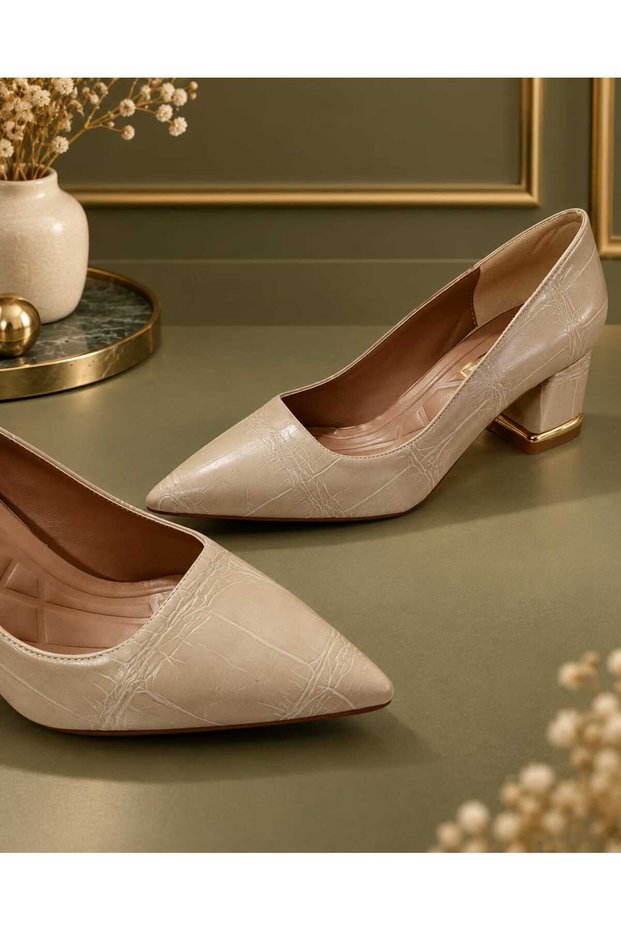 Women's Croco Pointed Toe Thick Heeled Stylish Classic Shoes