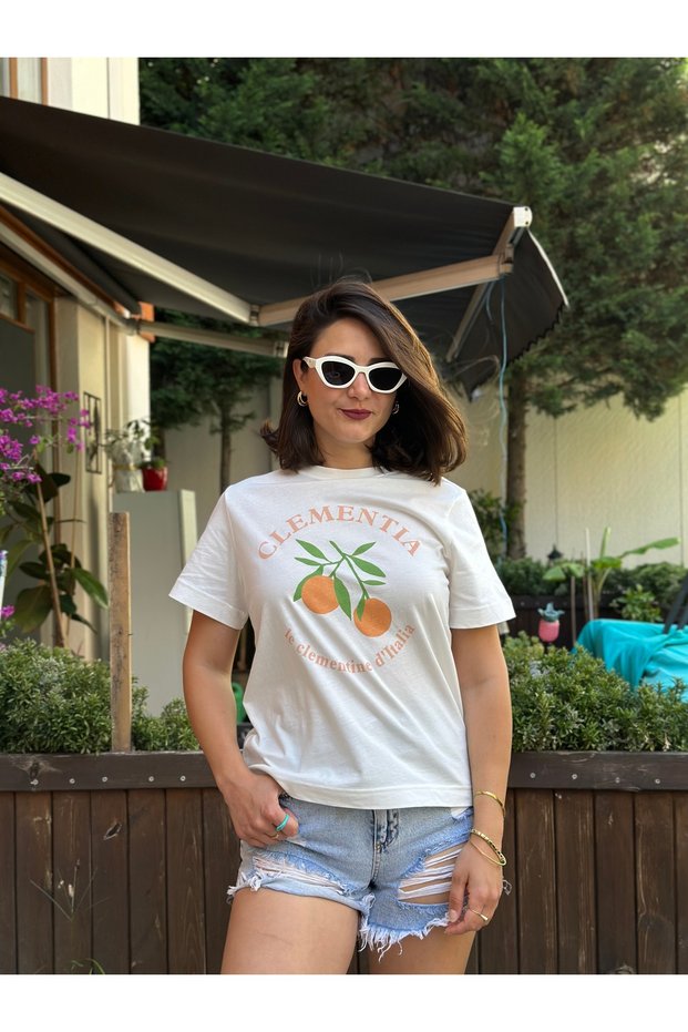 Ecru Clementia Text Printed Cotton T-Shirt