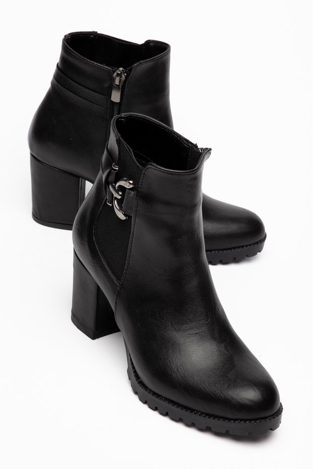 Women's Elastic Side Zipper Black Heeled Casual Boots 7cm Heel Oval Toe