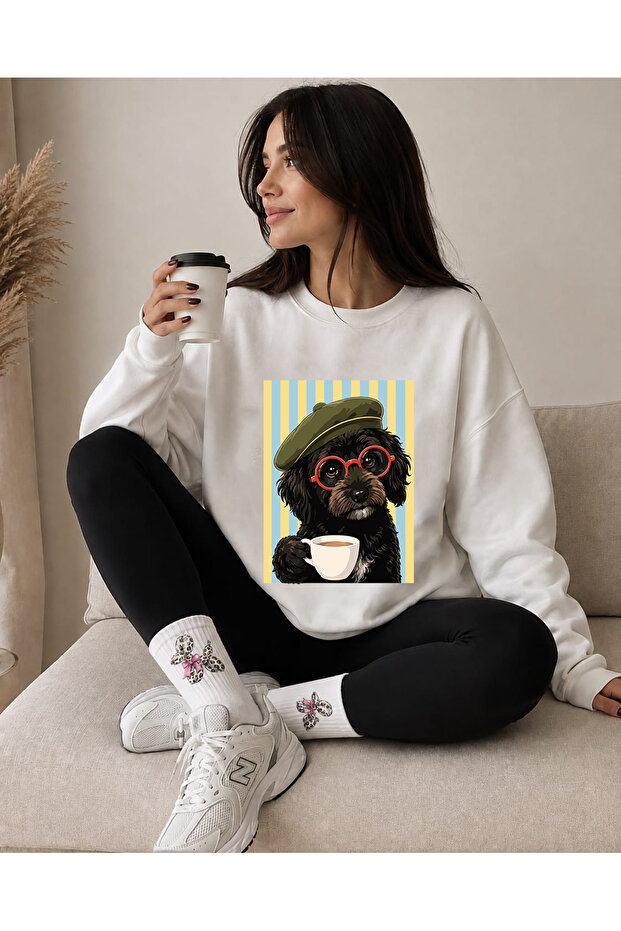 Unisex Men'S/Women's Mix Trend Printed Oversize Crew Neck Cotton White Sweatshirt