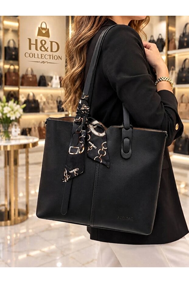 Women's Faux Leather Square Model Shoulder Bag with Scarf Detail