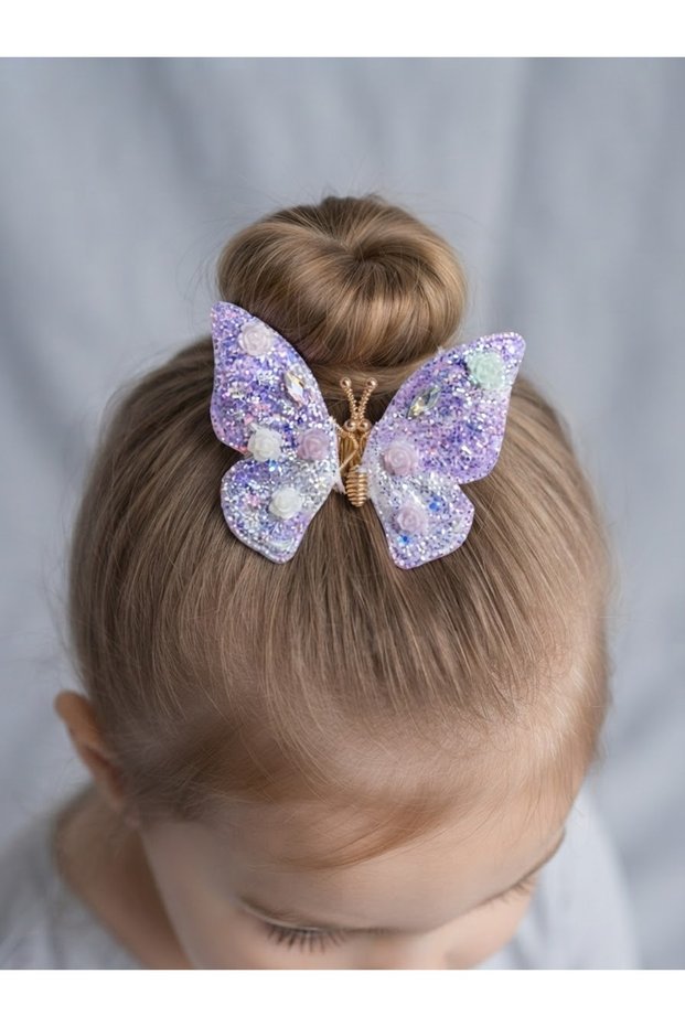 Girl's Shiny Glitter Butterfly Buckle with Colorful Flower Detail