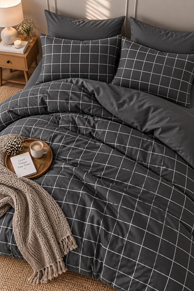 Double Elastic Sheet Duvet Cover Set Cotton Black Square