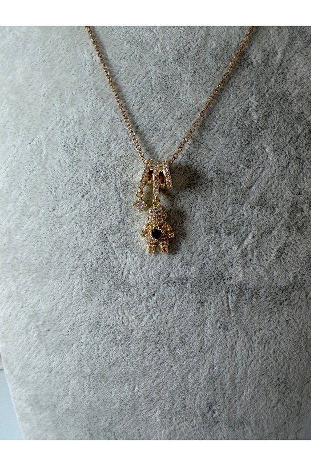 Steel Necklace with Teddy Bear Figure and Zircon Stone Model