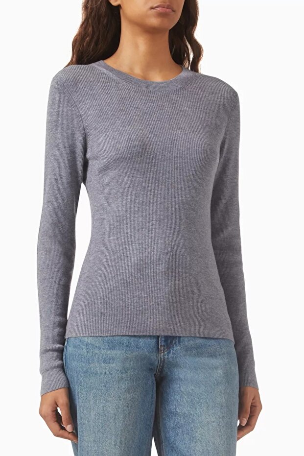 Rib-Knit Sweater, Merino Wool, Lightweight and Timeless Pullover, Gray