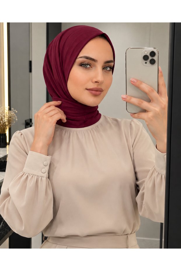 Practical Ready-To-Wear Hijab Scarf with Snap Fasteners, Hijab Cap, Suitable for Both Daily Use and Pool and Sea Caps, in Burgundy Color.