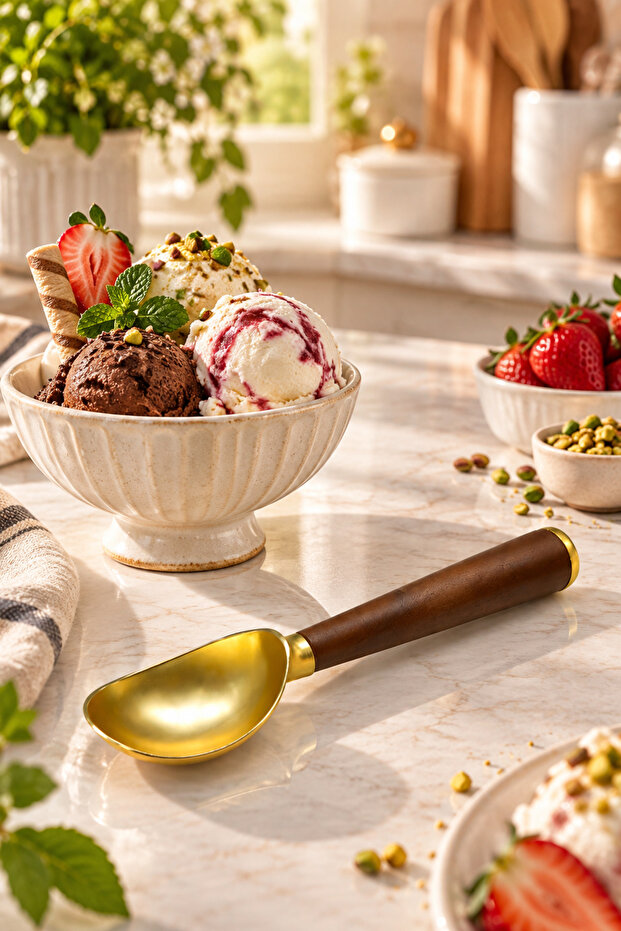 Gold Ice Cream Spoon – Metal Ice Cream Serving Spoon with Wooden Look Handle – Ergonomic and Stylish Design