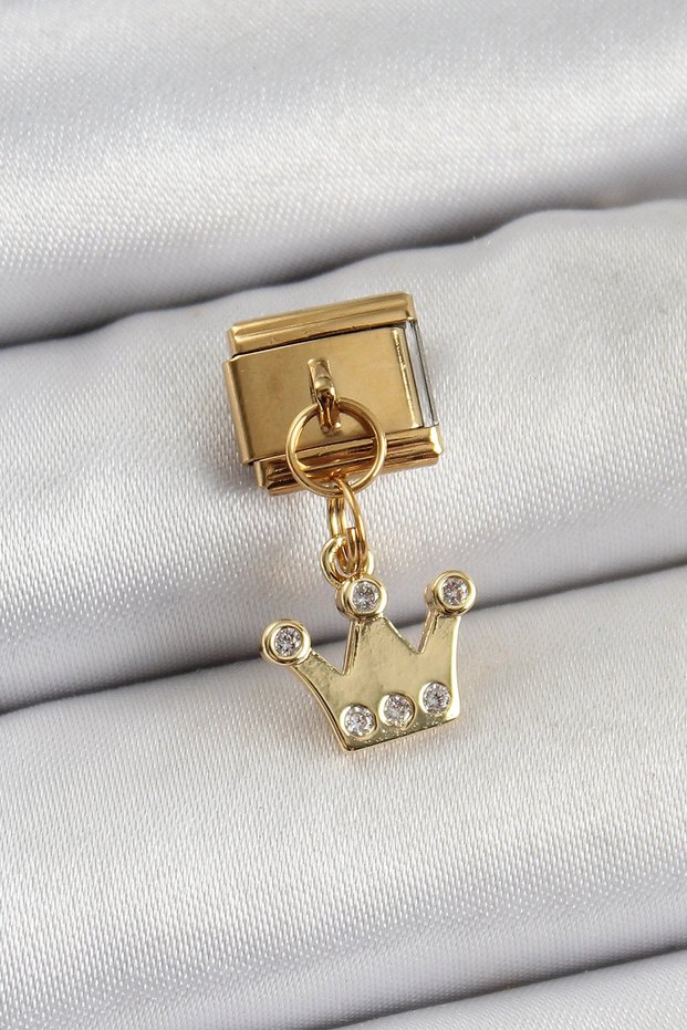 316L Steel Dangle Zircon Stone Queen Crown Model Gold Color Nomination Charm Tj-Bc1397